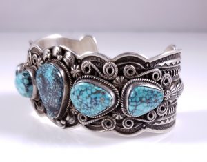 Navajo Sterling Silver Rare Gem Kingman Turquoise Cuff Bracelet Darrell Cadman