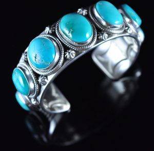 Sterling Silver Navajo Row Cuff Bracelet Nevada Fox Turquoise Signed By Ned Nez