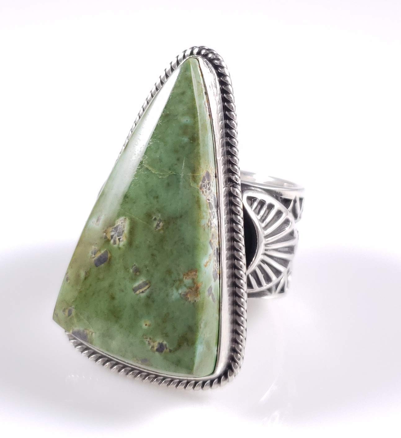 Navajo Sterling Silver Rare Green Tree Turquoise Ring Signed By Donovan Cadman
