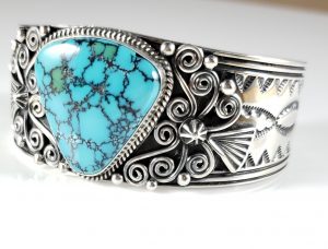 Navajo Sterling Silver Bracelet Gem Grade Webbed Hubei Turquoise Donovan Cadman