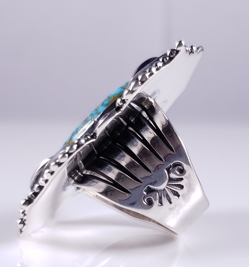 Navajo Sterling Silver Ring Gold Webbed Gem Kingman Turquoise by 