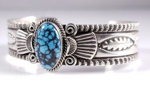 Navajo Sterling Silver Webbed Hubei Turquoise Cuff Bracelet By Donovan Cadman