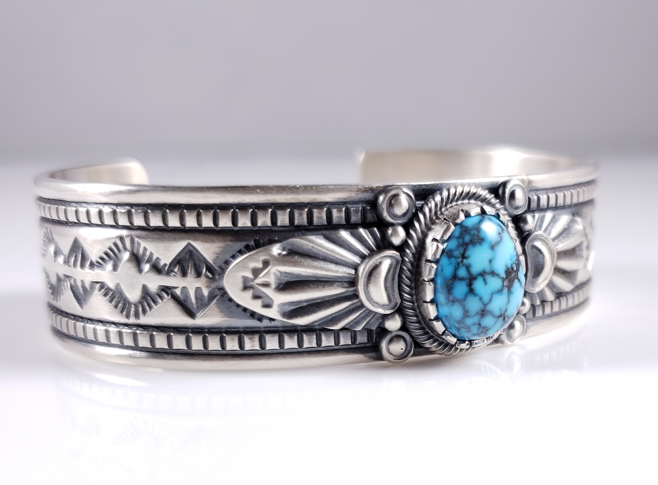 Item #905R- Mexican Blue Green Dichroic Glass Cabochon High Grade Sterling  Silver Cuff Bracelet —Men's and Women's Various Stone & Gemstone Bracelets-  EAGLE ROCK TRADING POST-Native American Jewelry