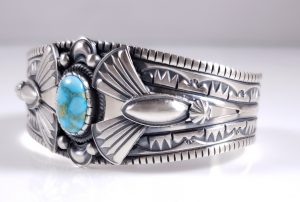 Navajo Sterling Silver Gold Web Kingman Turquoise Cuff Bracelet Derrick Gordon