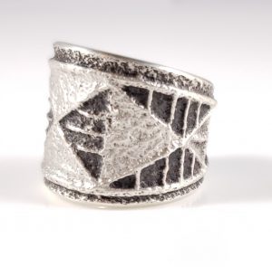 Navajo Sterling Silver Ring Tufa Cast Geometric Designs Carved By Monty Claw