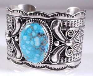 Turquoise Navajo Sterling Silver Bracelet Rare Webbed Kingman By Andy Cadman