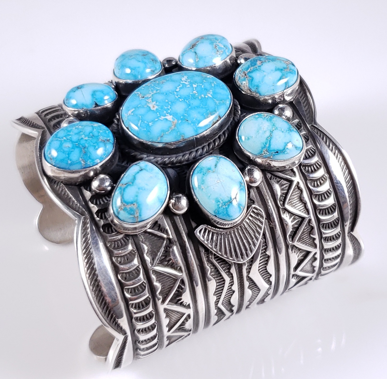 Kingman Turquoise Cluster Bracelet Native American Details about   Navajo Sterling Silver Gen 