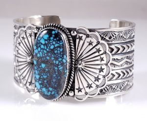 Navajo Sterling Silver Turquoise Bracelet Rare Webbed Hubei By Sunshine Reeves