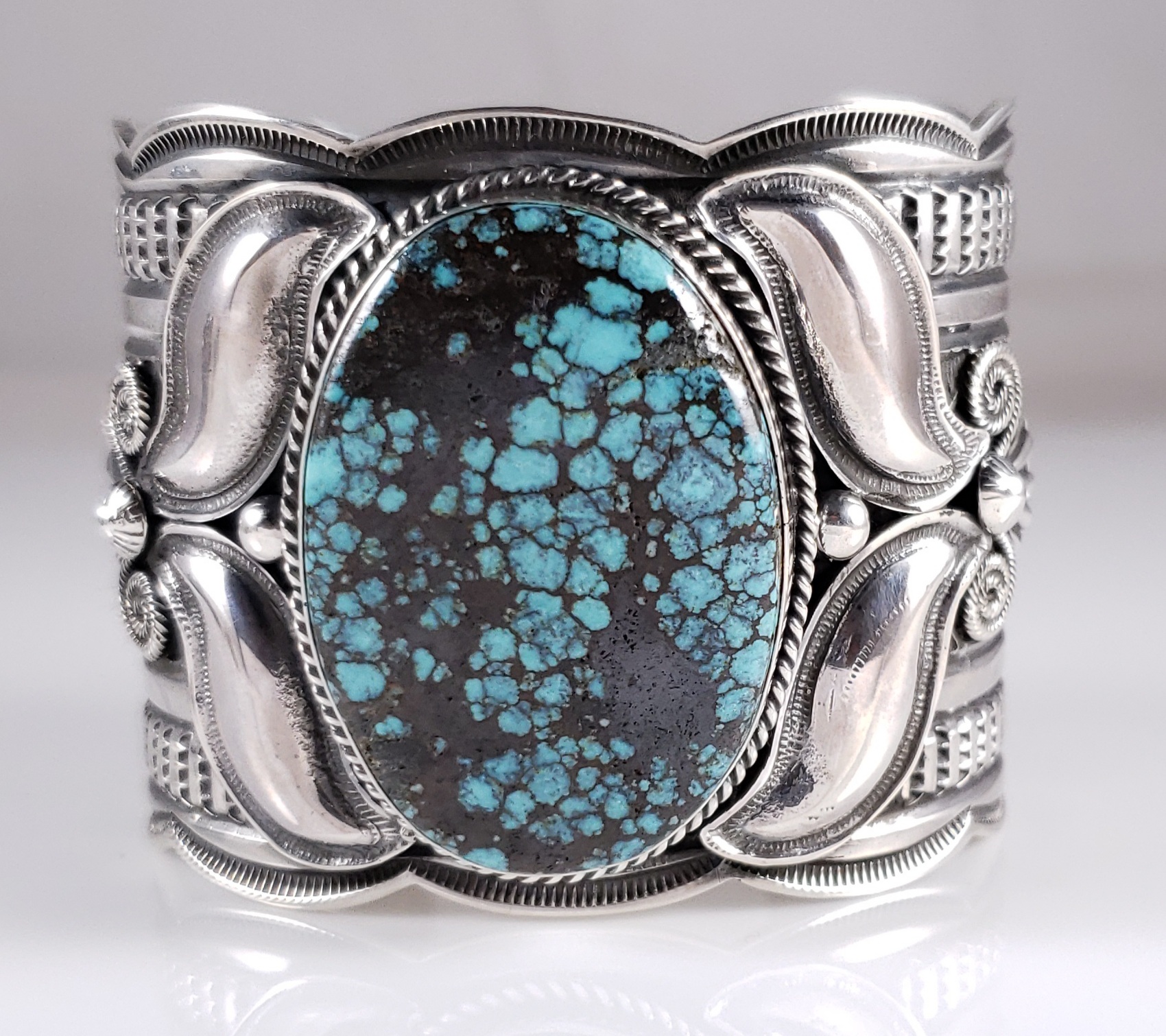 Turquoise Navajo Sterling Silver Bracelet Rare Web Hubei Handmade By Andy  Cadman