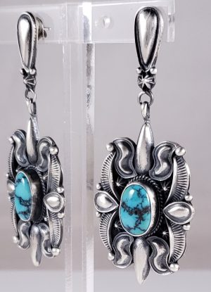 Navajo Sterling Silver Turquoise Earrings Rare Hubei Handmade By Derrick Gordon