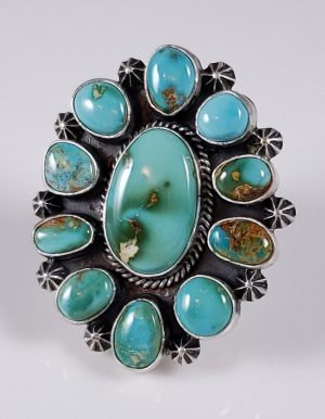 Turquoise Navajo Sterling Silver Ring Royston Cluster Handmade By Donovan Cadman