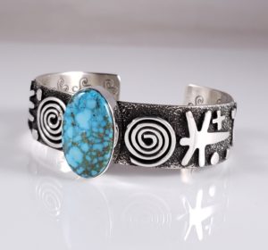 Alex Sanchez Sterling Silver Bracelet Rare Kingman Turquoise Petroglyph Style