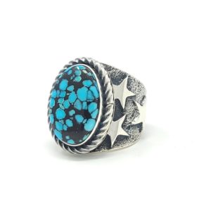Kevin Yazzie Navajo Sterling Silver Stars Band Ring Gem Grade Hubei Turquoise
