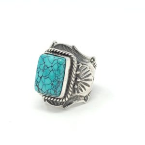 Andy Cadman Navajo Sterling Silver Saddle Band Ring Gem Grade Hubei Turquoise