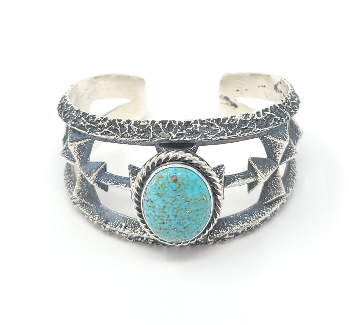 Kevin Yazzie Navajo Sterling Silver Arrow Cross Cuff Bracelet Persian Turquoise