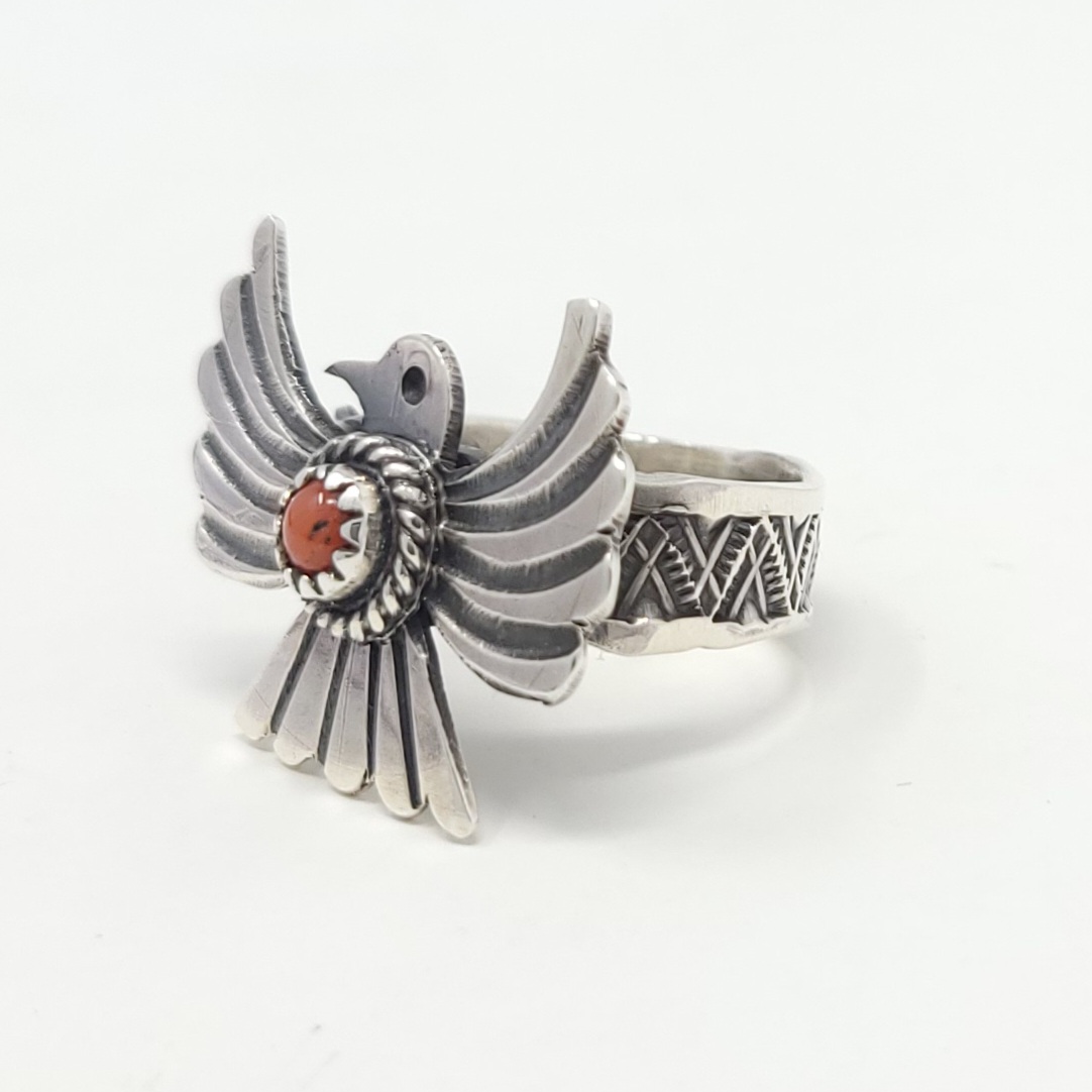 Delayne Reeves Sterling Silver Navajo Handmade Thunderbird Ring Red Coral