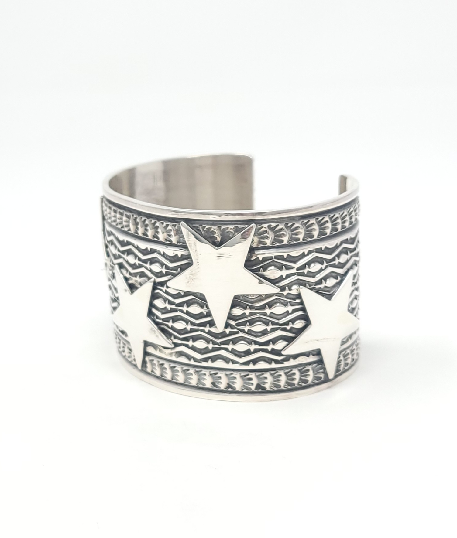 Sunshine Reeves Stars Wide Cuff Bracelet All Sterling Silver Navajo Handmade