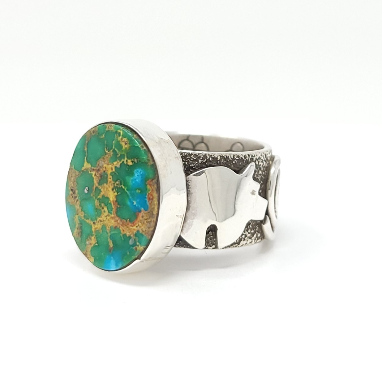 Alex Sanchez Navajo Sterling Silver Petroglyph Band Ring Sonoran Gold Turquoise