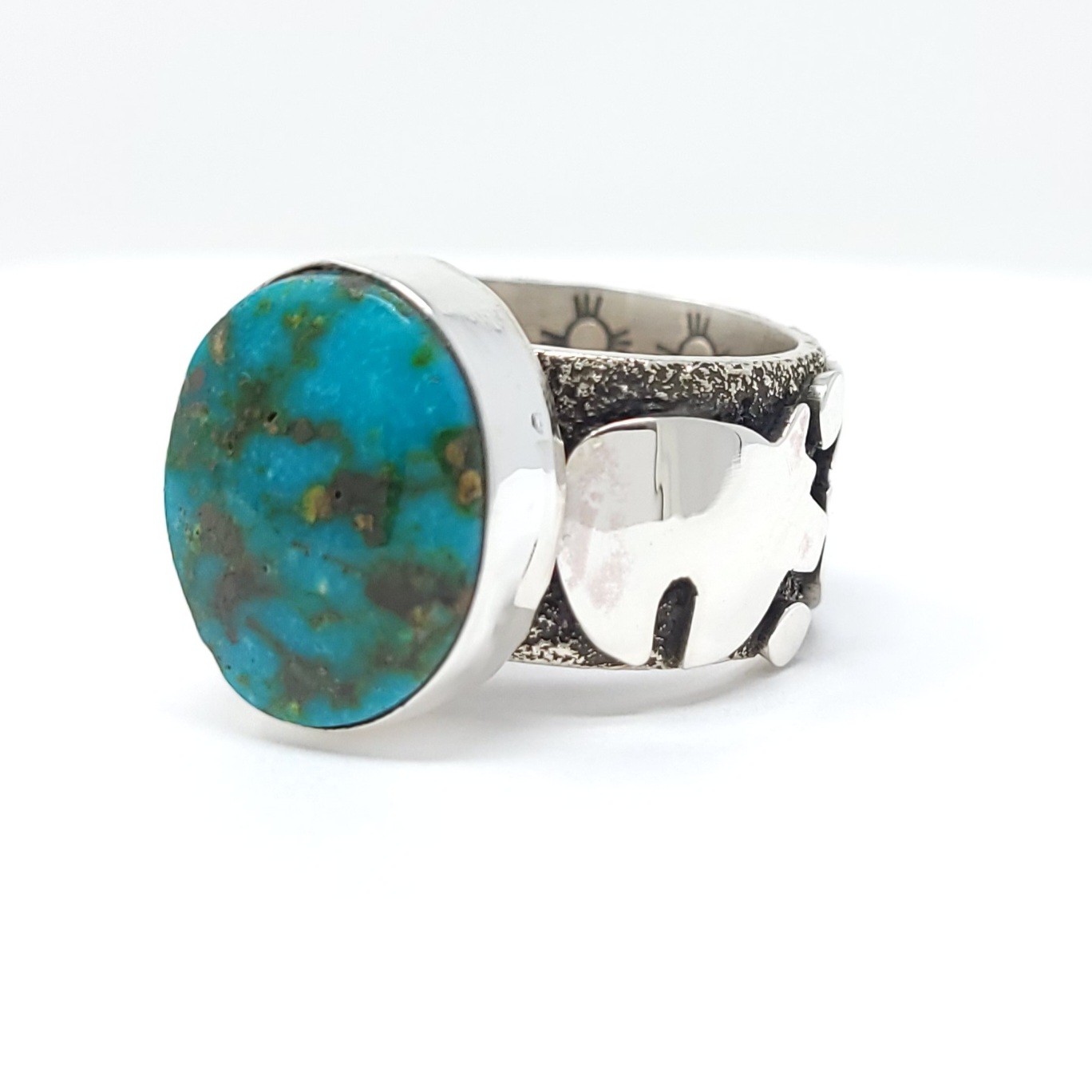Alex Sanchez Navajo Sterling Silver Petroglyph Style Ring Sonoran Gold Turquoise