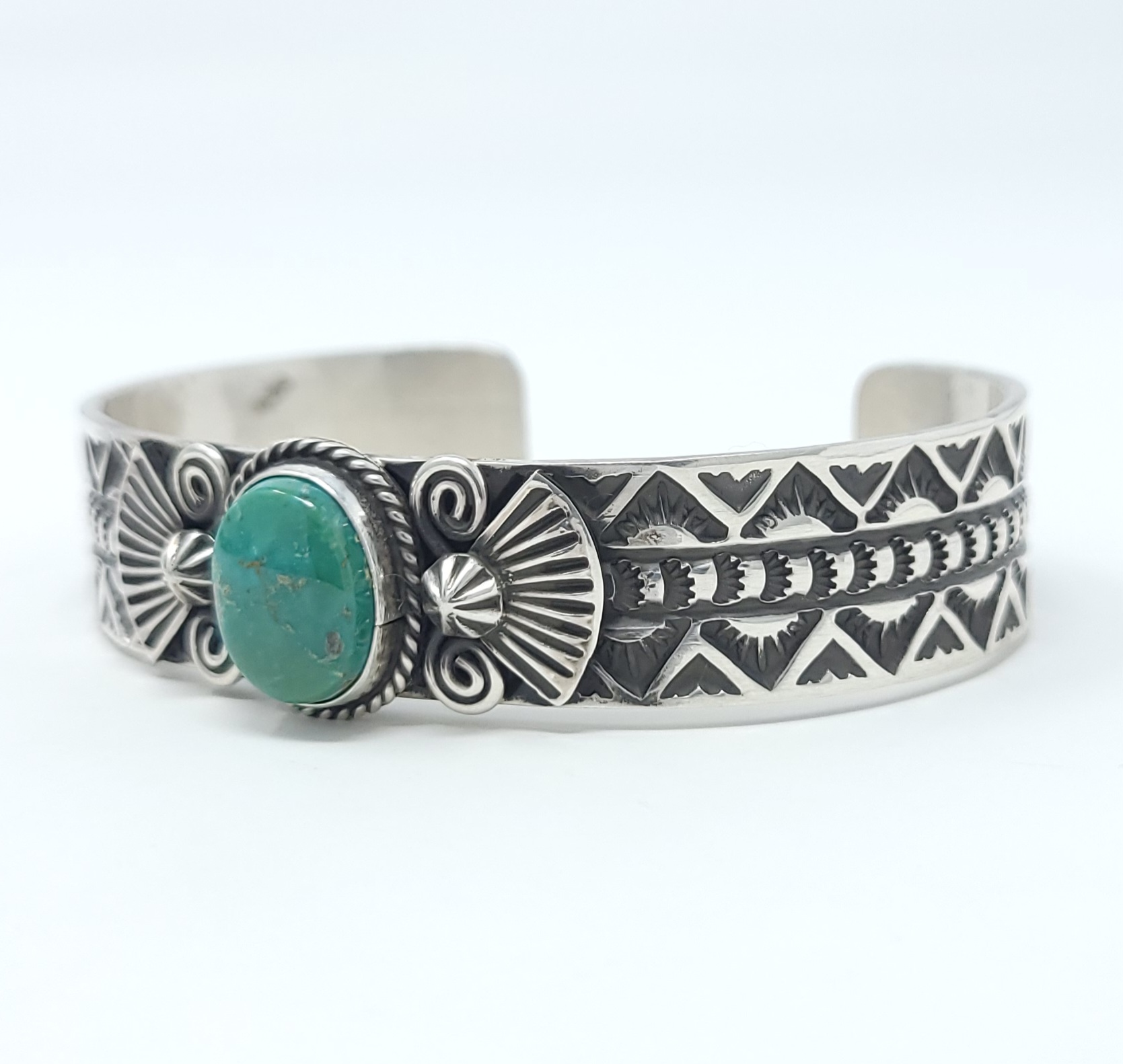 Andy Cadman Navajo Sterling Silver Stacker Style Bracelet Green Tree Turquoise
