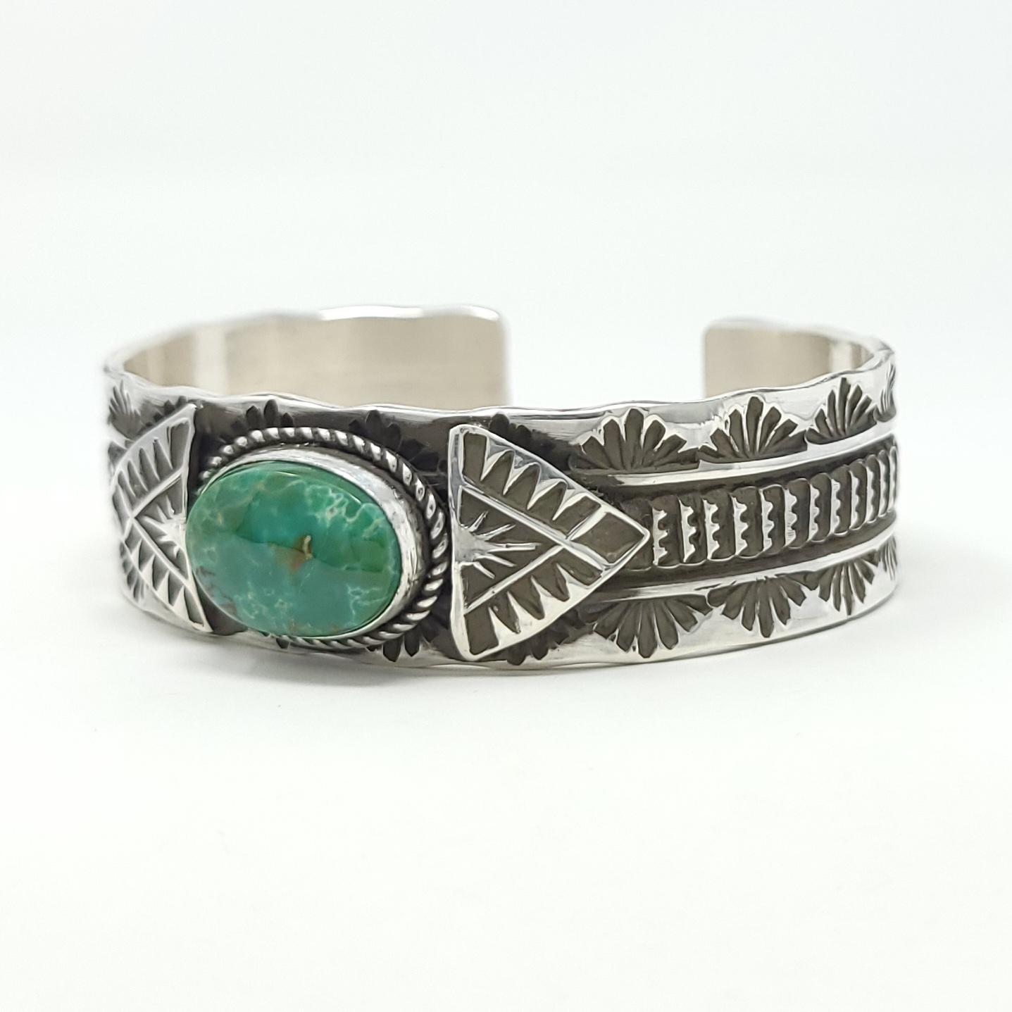 Adrian Reeves Long Green Tree Turquoise Navajo Sterling Silver Stacker Bracelet