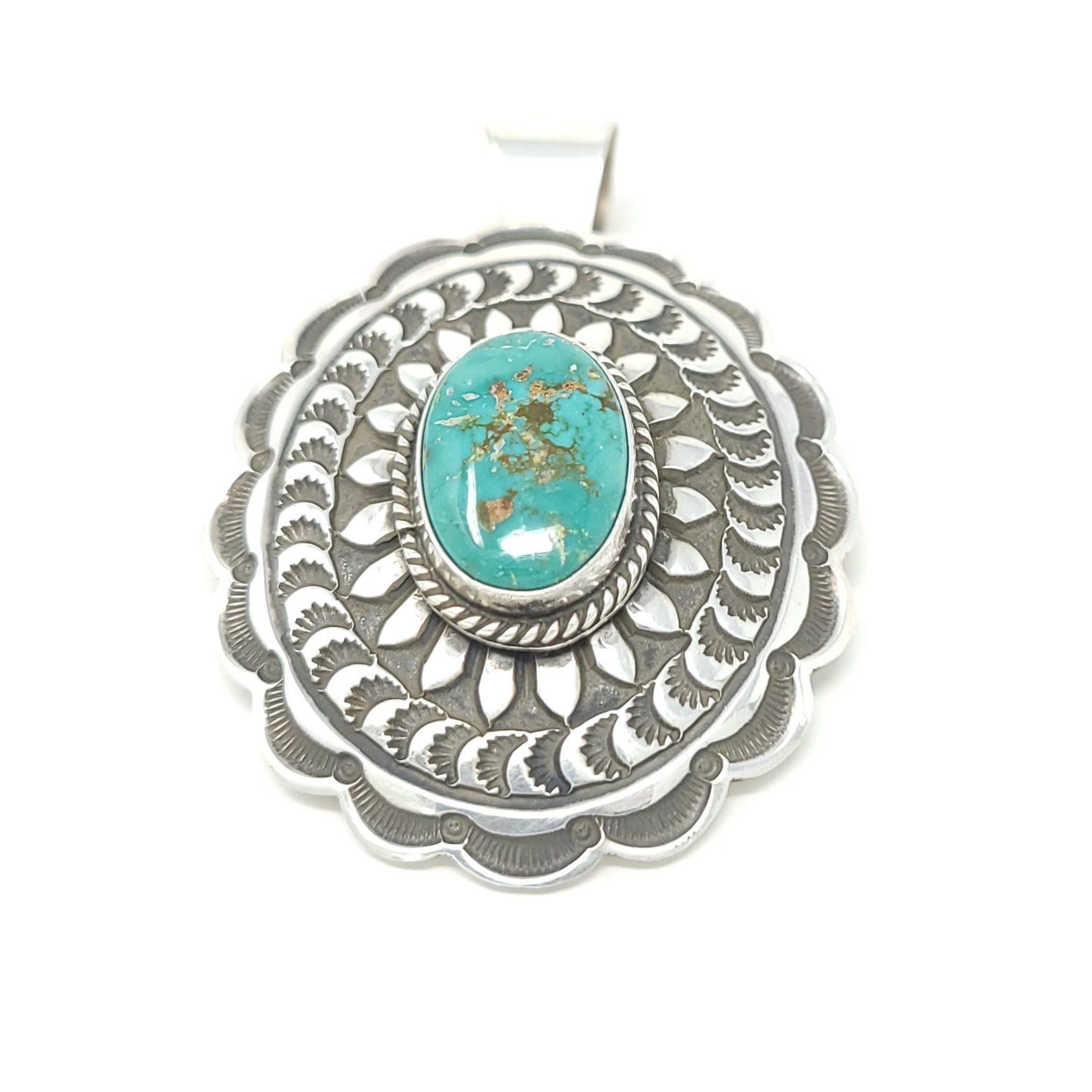 Andy Cadman Navajo Sterling Silver Old Style Pendant Green Tree Turquoise