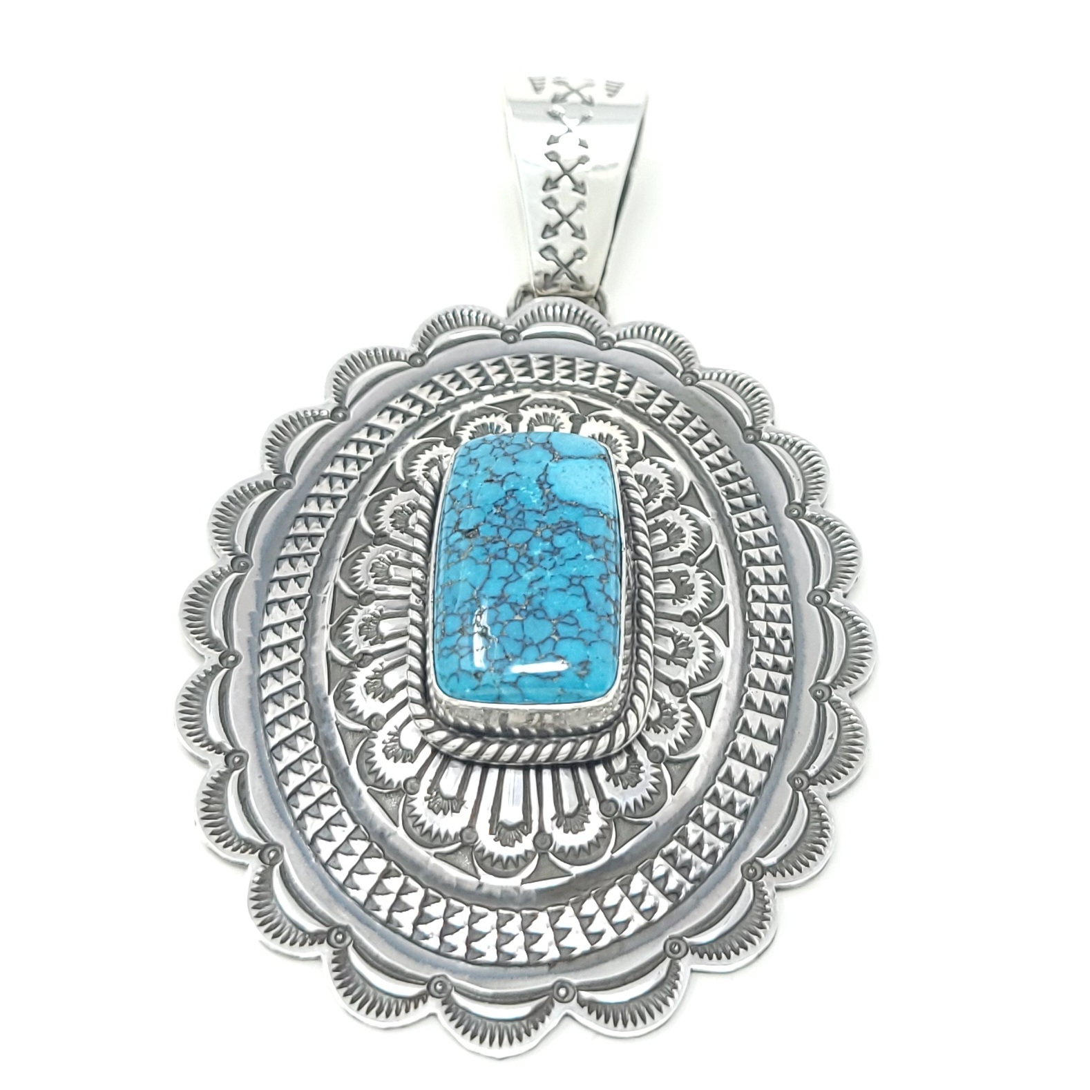 Sunshine Reeves Navajo Sterling Silver Handmade Concho Pendant Hubei Turquoise