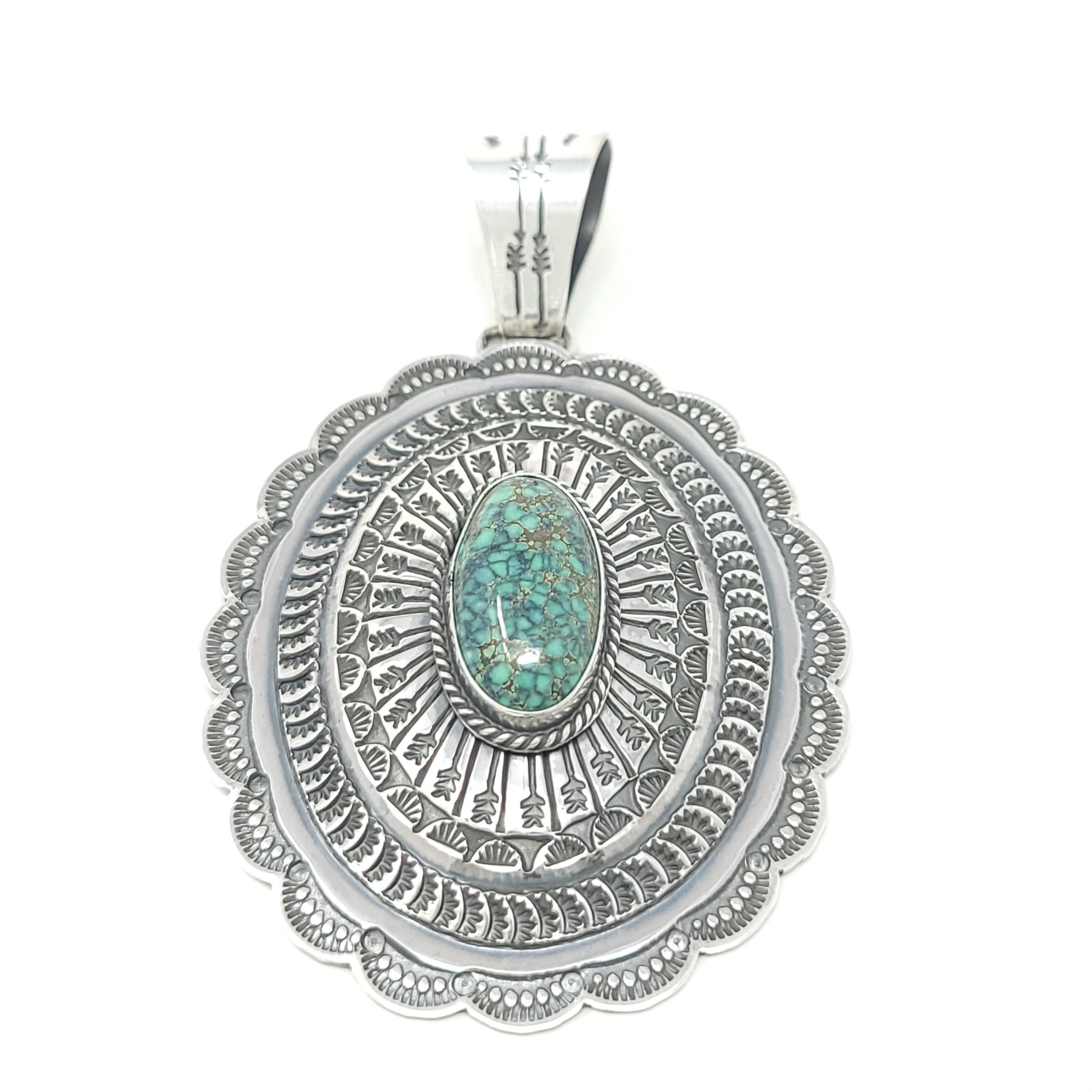 Sunshine Reeves Navajo Sterling Silver Concho Style Pendant Peacock Variscite