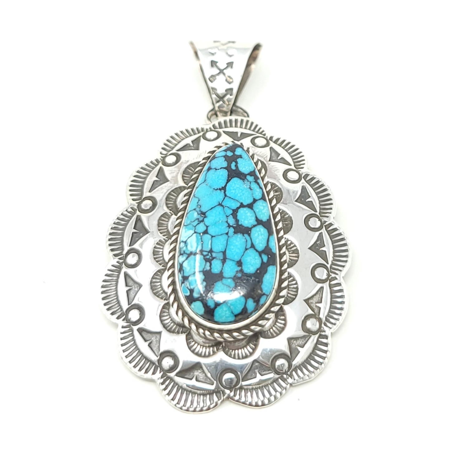 Adrian Reeves Long Navajo Sterling Silver Concho Pendant Hubei Turquoise
