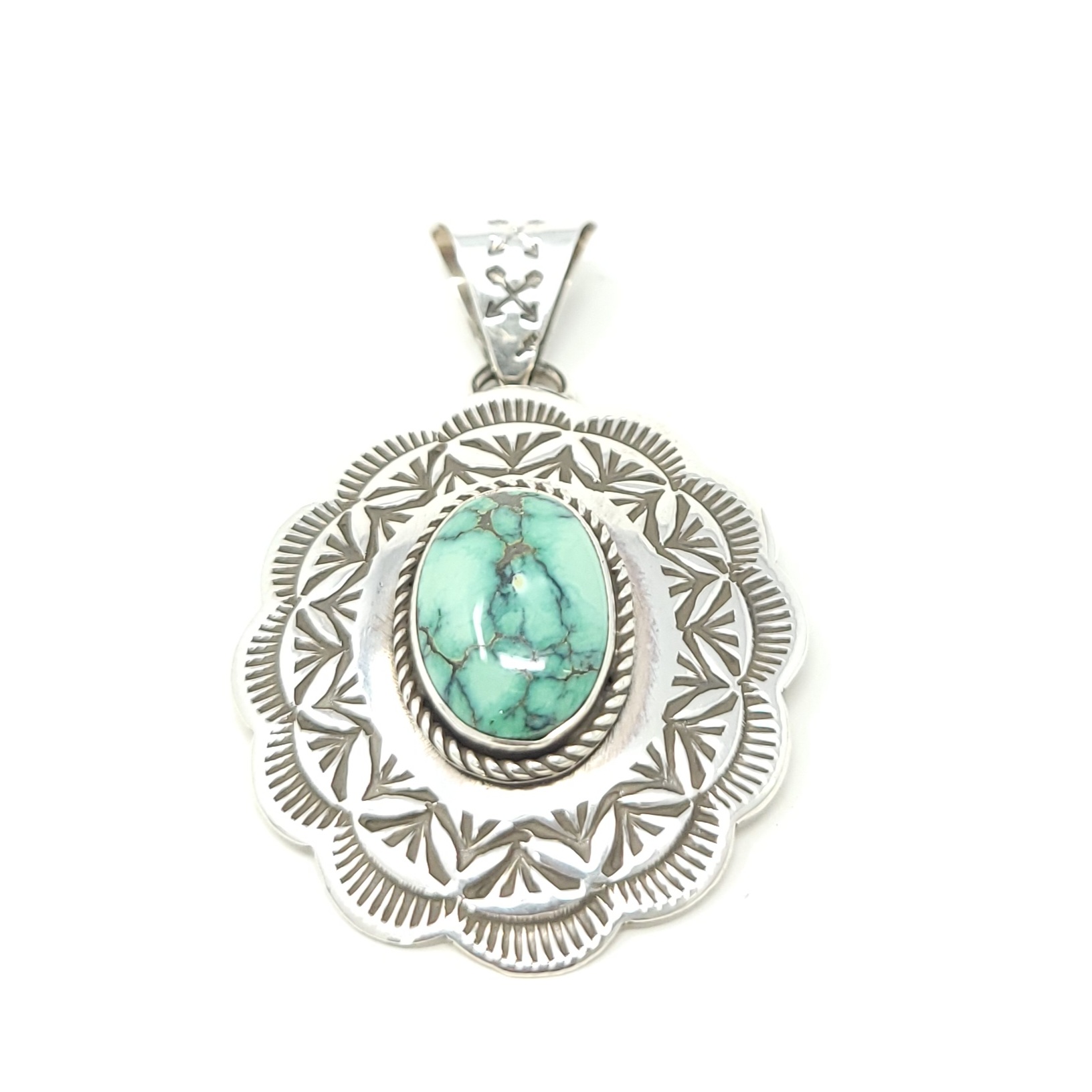 Adrian Reeves Long Navajo Sterling Silver Concho Style Pendant Peacock Variscite