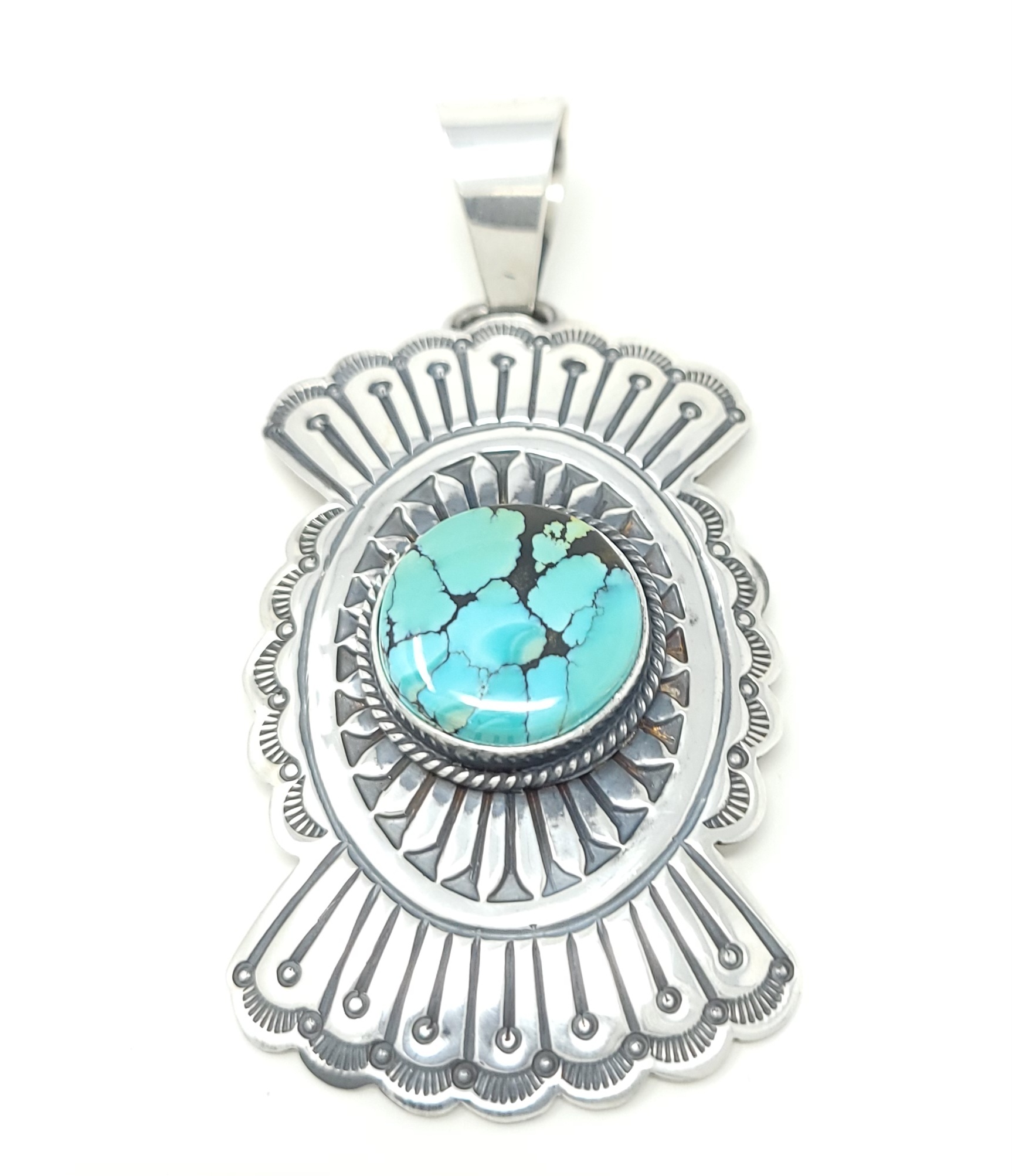 Lyle Cadman Navajo Sterling Silver Concho Pendant Natural Nevada Turquoise