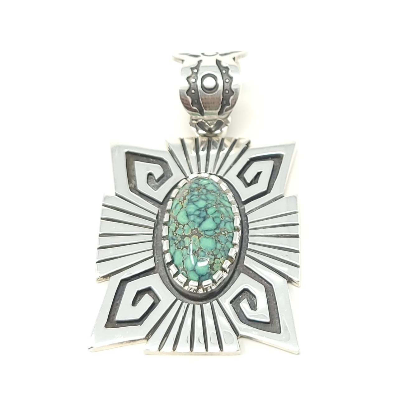 Tim Herrera Cochiti Pueblo Handmade Sterling Silver Pendant Peacock Variscite